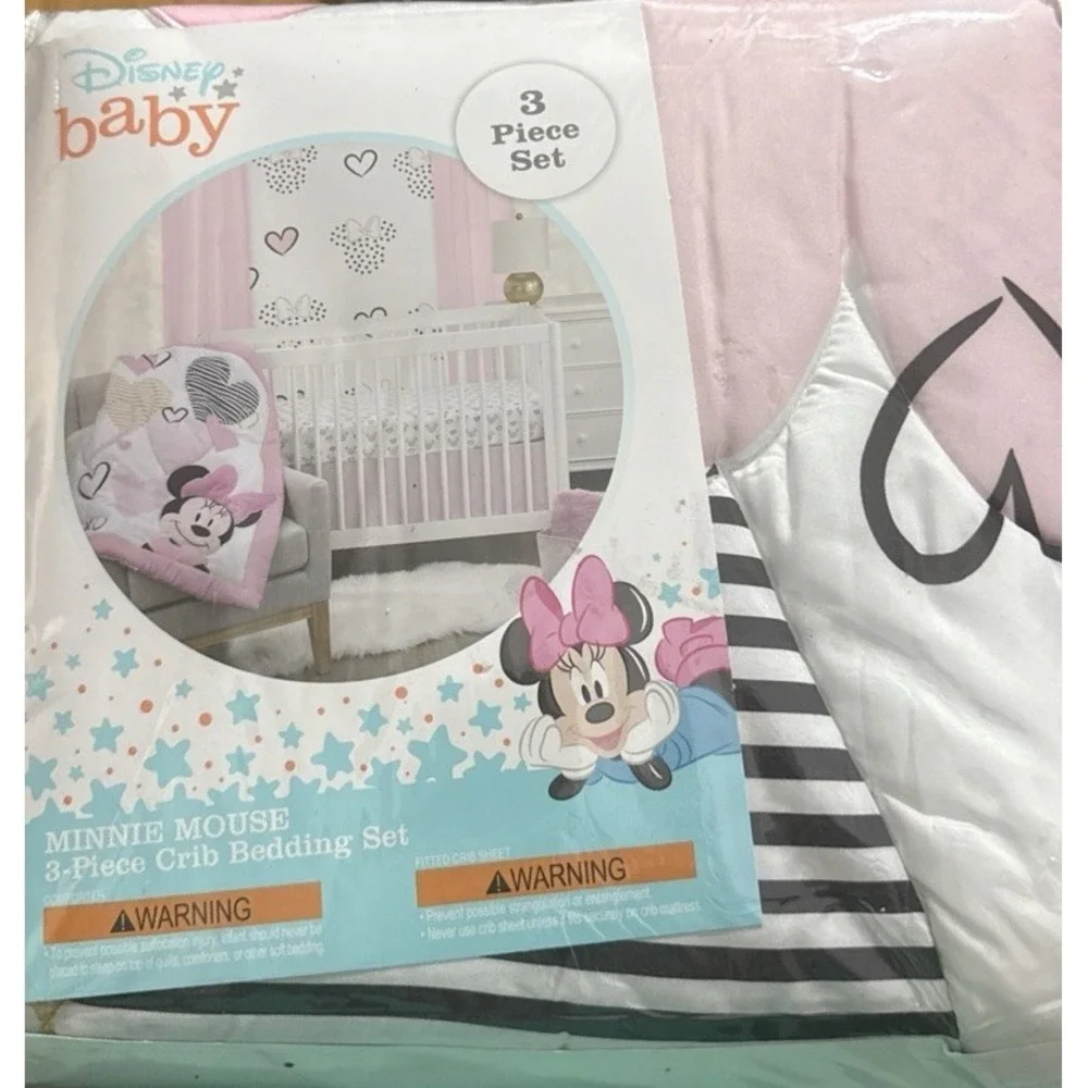 Disney Baby Minnie Mouse Hearts 3 Piece Crib Bedding Comforter Set Pink New C1